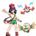  1girl :d ^_^ armpits bag bangs bare_legs beak beanie bird black_eyes black_hair blush_stickers bracelet closed_eyes female_protagonist_(pokemon_sm) floral_print full_body green_shorts groin handbag hat jewelry leaf lowres navel open_mouth outstretched_arm owl parted_bangs pixel_art poke_ball_theme pokedex pokemon pokemon_(creature) pokemon_(game) pokemon_sm red_hat rotom rowlet shirokuro_(oyaji) shirt shoes short_hair short_sleeves shorts simple_background smile sneakers standing tied_shirt white_background wings yellow_shirt z-ring 