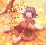  1girl ^_^ arm_support autumn autumn_leaves barefoot closed_eyes feet hair_ornament happy highres leaf_hair_ornament legs_apart long_sleeves mirror open_mouth purple_hair red_shirt red_skirt rope shimenawa shirt short_hair sitting skirt soles solo tatuhiro touhou tree yasaka_kanako younger 