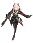  1girl assault_rifle black_jacket black_legwear eotech girls_frontline gun hair_ornament headphones highres holding holding_gun holding_weapon hood hooded_jacket jacket m4_carbine m4_sopmod_ii_(girls_frontline) multicolored_hair official_art open_mouth red_eyes rifle solo standing streaked_hair thigh-highs transparent_background weapon 