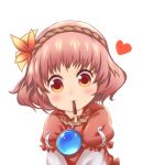  1girl blouse blush child commentary_request food heart highres incoming_pocky_kiss leaf looking_at_viewer maple_leaf mirror mouth_hold pocky pocky_kiss pov purple_hair red_eyes rope shared_food shimenawa short_hair smile solo tatuhiro touhou yasaka_kanako younger 