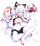  1girl :3 animal_ears blue_eyes blush bodysuit braid breasts cat_ears cat_paws cat_tail character_name cleavage commentary dev eyebrows eyebrows_visible_through_hair fake_animal_ears fang headgear highres honkai_impact indian_style kiana_(honkai_impact) looking_at_viewer mecha_musume open_mouth original paw_pose paws shadow simple_background sitting skin_tight solo tail translated white_background white_hair 