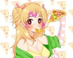  1girl :t bell bell_collar blonde_hair blush breasts cheese_trail cleavage collar collarbone company_name crush_crush eating elbow_gloves english eyebrows eyebrows_visible_through_hair fingerless_gloves food gloves green_jacket green_pepper hair_ribbon holding holding_food jacket long_hair medium_breasts mio_(crush_crush) multicolored_hair neck_ribbon neuzu off_shoulder olive pepperoni pink_hair pink_ribbon pizza red_eyes ribbon short_sleeves solo streaked_hair striped striped_gloves two-tone_hair two_side_up upper_body white_background 