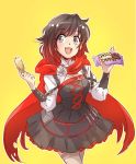  1girl black_hair cape chocolate_chip_cookie commentary iesupa ruby_rose rwby smile yellow_background 
