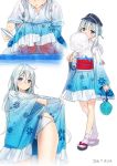  1girl 2016 alternate_costume ama_mitsuki anchor_symbol artist_name bangs blue_eyes blush bow bow_panties commentary cotton_candy dated dressing eating flat_cap food frilled_kimono frills full_body goldfish_scooping hair_between_eyes hair_bun hair_ornament hair_stick hat hibiki_(kantai_collection) japanese_clothes kantai_collection kimono kimono_skirt kinchaku long_hair looking_at_viewer multiple_views panties pantyshot pantyshot_(squatting) parted_lips poi_(goldfish_scoop) pouch sandals sash signature silver_hair simple_background squatting summer_festival tabi underwear white_background white_legwear white_panties wide_sleeves yukata 