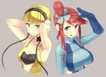  2girls armpits arms_up bare_arms bare_shoulders blonde_hair blue_eyes blue_gloves blush breasts cleavage fuuro_(pokemon) gloves gym_leader hair_ornament headphones kamitsure_(pokemon) kazo large_breasts long_hair medium_breasts multiple_girls open_mouth pokemon pokemon_(game) pokemon_bw redhead salute short_hair sidelocks smile strapless suspenders tubetop under_boob upper_body 