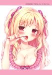  1girl absurdres blonde_hair blush breasts brushing_teeth character_request cleavage collarbone frills hair_ribbon highres long_hair looking_at_viewer medium_breasts open_mouth red_eyes ribbon saliva sayori simple_background solo tears toothbrush two_side_up 