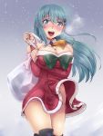  1girl :d ascot blush bow breasts carrying christmas_tree_hair_ornament cleavage detached_sleeves dress dress_lift ishii_hisao kantai_collection long_hair looking_at_viewer off-shoulder_dress off_shoulder open_mouth panties red_dress sack side-tie_panties smile snowing solo steam suzuya_(kantai_collection) underwear visible_air wind wind_lift 