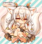  1girl animal_ears anklet barefoot blush chibi feet horns ilumina_(p&amp;d) jewelry marshmallow_mille multiple_tails puzzle_&amp;_dragons solo tail white_hair yellow_eyes 