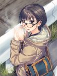  1girl bag bangs blush breath brown_eyes brown_hair coat from_above glasses grass hands_up highres looking_at_viewer open_mouth original outdoors short_hair solo yuuki_keisuke 