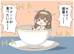  &gt;:d &gt;_&lt; 1girl :d bangs blunt_bangs brown_hair chibi closed_eyes commentary cup detached_sleeves goma_(yoku_yatta_hou_jane) headgear kantai_collection kongou_(kantai_collection) long_hair nontraditional_miko open_mouth sidelocks simple_background smile table teacup translated 