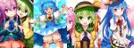  6+girls anger_vein blonde_hair bloomers blue_dress blue_eyes blue_hair bow cirno commentary_request dress efe flandre_scarlet flower food fruit green_eyes green_hair hat hat_bow hata_no_kokoro highres hinanawi_tenshi holding holding_mask komeiji_koishi long_hair long_sleeves looking_at_viewer mask multiple_girls open_mouth peach pink_hair plaid plaid_shirt puffy_short_sleeves puffy_sleeves red_eyes shirt short_hair short_sleeves smile sunflower tanned_cirno third_eye touhou underwear violet_eyes white_shirt yellow_bow yellow_shirt 