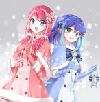  2girls :d alternate_costume alternate_hairstyle bell blue_bow blue_bowtie blue_eyes blue_hair blush bow bowtie bracelet capelet cowboy_shot dress elbow_gloves female flower fur_trim gloves green_eyes hair_flower hair_ornament hair_over_shoulder hiiragi_yuzu jewelry joman kinchaku looking_at_viewer multicolored_hair multiple_girls open_mouth pink_hair pouch serena_(yuu-gi-ou_arc-v) sidelocks smile snowflakes snowing two-tone_hair yuu-gi-ou yuu-gi-ou_arc-v 