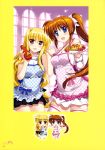  2girls absurdres apron black_skirt blonde_hair blue_eyes bow breasts brown_hair collarbone eyebrows eyebrows_visible_through_hair fate_testarossa fujima_takuya hair_bow hand_holding high_ponytail highres holding index_finger_raised interlocked_fingers long_hair looking_at_viewer lyrical_nanoha mahou_shoujo_lyrical_nanoha medium_breasts multiple_girls open_mouth outstretched_arm pleated_skirt red_eyes side_ponytail skirt takamachi_nanoha thigh-highs very_long_hair white_bow white_legwear white_skirt 