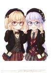  2girls absurdres adjusting_glasses black_hat blonde_hair bow bowtie breasts brown_eyes eyebrows eyebrows_visible_through_hair glasses hair_bow hat highres iijima_yun long_hair looking_at_viewer multiple_girls necktie new_game! open_mouth pleated_skirt ribbon short_hair silver_hair simple_background skirt smile striped striped_bow striped_necktie striped_ribbon suzukaze_aoba tokunou_shoutarou violet_eyes white_background 