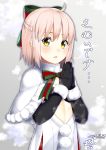  1girl 2016 alternate_costume black_gloves bow bowtie capelet commentary_request cosplay dated elbow_gloves fate/grand_order fate_(series) fur_trim gloves hair_bow hair_ribbon jeanne_alter jeanne_alter_(santa_lily)_(fate) jeanne_alter_(santa_lily)_(fate)_(cosplay) looking_at_viewer mugipot pink_hair ribbon ruler_(fate/apocrypha) sakura_saber short_hair solo striped striped_bow striped_bowtie translated yellow_eyes 