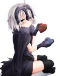  1girl ahoge black_legwear blush box cangmi cape fate/grand_order fate_(series) from_side fur_trim gift gift_box gloves grey_hair headpiece heart holding holding_gift jeanne_alter looking_at_viewer no_shoes ruler_(fate/apocrypha) short_hair simple_background sitting solo thigh-highs white_background yellow_eyes younger 
