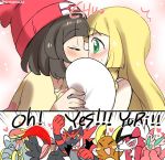  &gt;_&lt; :d alolan_raichu beanie blonde_hair blue_eyes blush brown_hair closed_eyes commentary_request covering_eyes covering_mouth drooling english eromame female_protagonist_(pokemon_sm) fist_pump green_eyes hands_clasped hat heart hime_cut incineroar kiss kommo-o lillie_(pokemon) long_hair lurantis lycanroc onomatopoeia open_mouth pokemon pokemon_(creature) pokemon_(game) pokemon_sm raichu short_hair smile surprised toucannon xd yuri 