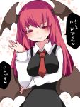  1girl :d ^_^ ascot bat_wings black_dress blush breast_hold breasts closed_eyes commentary_request dress dress_shirt hammer_(sunset_beach) head_wings koakuma long_hair looking_at_viewer low_wings open_mouth red_eyes redhead shirt smile solo touhou translation_request wings 