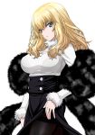  1girl bangs black_bra blonde_hair blue_eyes bra breasts character_request cowboy_shot dress dress_lift fur_trim girls_und_panzer hair_between_eyes isse jewelry large_breasts long_hair long_sleeves looking_at_viewer pantyhose parted_lips ring see-through shawl shirt simple_background solo sweater teeth thighs underwear wavy_hair white_background white_sweater 