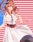  1girl artist_request belt breast_pocket breasts brown_hair dress hair_between_eyes kantai_collection large_breasts looking_at_viewer open_mouth ponytail red_neckerchief saratoga_(kantai_collection) smile solo white_dress 