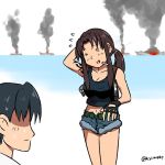  1boy 1girl arm_behind_head black_hair black_lagoon boat brown_hair cigarette closed_eyes commentary_request denim denim_shorts fingerless_gloves flying_sweatdrops gloves gun handgun hidden_eyes holster kei-suwabe low_ponytail midriff navel okajima_rokuro open_mouth pistol revy_(black_lagoon) shaded_face shirt shorts shoulder_holster sidelocks sinking smile smoke tank_top tattoo twitter_username watercraft weapon 