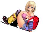  1girl backpack bag bare_shoulders black_bra blonde_hair blue_eyes blush bra breasts cleavage collarbone gen_(black_factory) headphones highres huge_breasts large_breasts looking_at_viewer off_shoulder original randoseru shoes simple_background sitting smile socks solo strap_slip striped striped_legwear thigh-highs underwear white_background yellow_legwear 