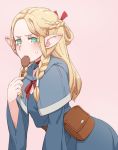  1girl blonde_hair braid dungeon_meshi elf green_eyes hair_ornament holding holding_spoon marushiru mochi_(pixiv444420) pointy_ears pouch solo spoon 