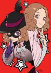  1girl 2016 ;) brown_eyes brown_hair dated feathers finger_to_mouth gloves hat hat_feather ichiichi lips looking_at_viewer mask megami_tensei okumura_haru one_eye_closed persona persona_5 purple_gloves red_background ribbed_sweater shin_megami_tensei short_hair simple_background smile solo star sweater violet_eyes 