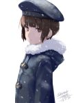  beret brown_eyes brown_hair hat kantai_collection rokuwata_tomoe short_hair simple_background snow winter_clothes z3_max_schultz_(kantai_collection) 