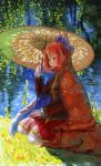  amibazh blue_bow bow cape floral_print hair_bow hanging_plant high_collar holding holding_umbrella kneeling long_sleeves oriental_umbrella outdoors red_blouse red_cape red_eyes redhead ribbon-trimmed_headwear ribbon_trim sekibanki short_hair skirt touhou umbrella water 