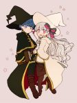  1boy 1girl artist_request belt blue_hair book boots caster_(fate/extra_ccc) coat costume fate/grand_order fate_(series) hair_ribbon long_hair looking_at_viewer nursery_rhyme_(fate/extra) ribbon star white_hair 