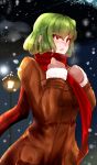  1girl absurdres alternate_costume blush breath brown_gloves brown_jacket fur_trim gloves green_hair highres itocoh kazami_yuuka lamppost long_sleeves looking_away nose_blush parted_lips red_eyes red_scarf scarf short_hair snowing solo touhou upper_body 