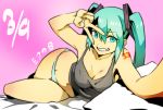  1girl 39 aqua_eyes aqua_hair ganagoa grin hatsune_miku highres letterboxed looking_at_viewer no_pants panties smile solo striped striped_panties tank_top twintails underwear v vocaloid 