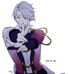  1boy 2016 alternate_costume blue_eyes closed_mouth copyright_name dated epaulettes fingernails hair_over_one_eye looking_to_the_side outstretched_arms pale_skin silver_hair simple_background smile solo viktor_nikiforov wand3754 white_background yuri!!!_on_ice 
