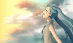  1girl aqua_hair closed_eyes clouds from_side gogatsubyou_tetoromino hatsune_miku long_hair necktie open_mouth orange_sky sky sleeveless smile solo twintails upper_body vocaloid 
