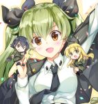  &gt;:d &gt;:q &gt;_o 3girls :d anchovy arm_up black_hair black_jacket black_legwear black_necktie black_ribbon blonde_hair blush brown_eyes carpaccio clenched_hands collared_shirt confetti eyebrows eyebrows_visible_through_hair frying_pan girls_und_panzer green_eyes green_hair hair_between_eyes hair_ribbon head_tilt holding jacket jacket_on_shoulders kneehighs long_hair long_sleeves minigirl multiple_girls necktie one_eye_closed open_mouth pepperoni_(girls_und_panzer) rei_(rei&#039;s_room) ribbon school_uniform shirt sitting smile tongue tongue_out twintails upper_body white_shirt wing_collar 