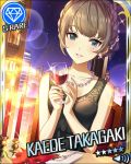  1girl alcohol alternate_hairstyle artist_request bangs bare_shoulders blush card_(medium) character_name cityscape cup diamond_(symbol) drinking_glass earrings heterochromia idolmaster idolmaster_cinderella_girls jewelry looking_at_viewer mole mole_under_eye necklace night night_sky official_art restaurant sky smile solo takagaki_kaede tied_hair wine wine_glass 