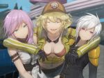  3girls ashiiru blonde_hair breasts cidney_aurum cleavage crossover final_fantasy final_fantasy_type-0 final_fantasy_xiii final_fantasy_xv lightning_farron looking_at_viewer multiple_girls pink_hair seven_(fft-0) silver_hair smile 