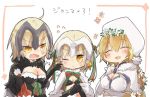  3girls armor bell black_gloves blonde_hair blush chains elbow_gloves fate/apocrypha fate/grand_order fate_(series) gloves hair_ribbon headpiece helmet jeanne_alter jeanne_alter_(santa_lily)_(fate) long_hair looking_at_viewer multiple_girls ribbon ruler_(fate/apocrypha) shio_kuzumochi smile yellow_eyes 
