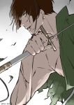  1boy 2015 blood brown_hair cuts dated gradient gradient_background holding holding_sword holding_weapon injury ishikirimaru male_focus parted_lips solo sword torn_clothes touken_ranbu wand3754 weapon yellow_eyes 