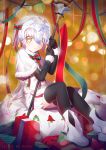  &gt;:t 1girl :t ahoge armor armored_boots artist_name bangs beads bell black_gloves black_legwear blonde_hair blurry bokeh boots bow bowtie box capelet christmas closed_mouth depth_of_field dress elbow_gloves eyebrows eyebrows_visible_through_hair fate/grand_order fate_(series) fur_trim gift gift_box gloves hair_bow hair_ribbon headpiece highres holding holding_weapon jeanne_alter jeanne_alter_(santa_lily)_(fate) lens_flare long_hair looking_at_viewer pom_pom_(clothes) pout ribbon rimuu ruler_(fate/apocrypha) sash short_dress sitting solo star thigh-highs very_long_hair weapon white_dress white_hair wrist_cuffs yellow_eyes 