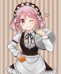  1girl alternate_costume apron badge blush enmaided frills grin hand_on_hip heart kantai_collection maid maid_headdress one_eye_closed pink_eyes pink_hair ribbon sazanami_(kantai_collection) short_hair short_twintails smile solo suzuka_(rekkyo) tray twintails waist_apron 