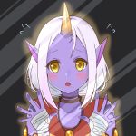 1girl against_glass bandage bandaged_hands blush chobi_(chan_key) horn jewelry league_of_legends long_hair looking_at_viewer necklace open_mouth pointy_ears purple_skin solo soraka white_hair yellow_eyes 