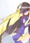  1girl bangs bare_arms bare_shoulders blonde_hair crystal dress green_eyes hair_over_one_eye highres long_hair looking_at_viewer lusamine_(pokemon) multicolored_dress pokemon pokemon_(game) pokemon_sm shaded_face sleeveless sleeveless_dress smile solo very_long_hair vinton 