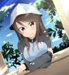  1girl aimai_(luckyfive) bangs blue_hat blue_jacket blue_skirt breast_hold closed_mouth clouds cloudy_sky crossed_arms dappled_sunlight dutch_angle girls_und_panzer hat jacket leaning light_smile long_hair long_sleeves looking_at_viewer mika_(girls_und_panzer) military military_uniform portrait skirt sky solo sunlight track_jacket tree uniform window 