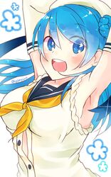  :d aimyun armpits arms_behind_head blue_eyes blue_hair breasts double_bun elbow_gloves gloves hat highres kantai_collection large_breasts neckerchief open_mouth sailor_hat school_uniform serafuku sleeves_rolled_up smile unbuttoned urakaze_(kantai_collection) 