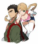  1boy 1girl 88_taho akihiro_altland black_hair blonde_hair breasts cleavage closed_mouth earrings eyebrows green_eyes gundam gundam_tekketsu_no_orphans jewelry lafter_frankland leaning_on_person leg_up long_hair looking_at_viewer parted_lips smile thick_eyebrows twintails 