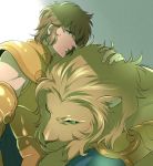  1boy animal armor brown_hair dated gold_armor gold_saint green_eyes leo_aiolia lion looking_at_viewer male_focus one_eye_closed saint_seiya shade signature simple_background sitting upper_body wand3754 