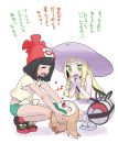  2girls bag beanie black_hair blonde_hair blush braid closed_eyes dress duffel_bag female_protagonist_(pokemon_sm) hat lillie_(pokemon) long_hair multiple_girls ooshima_tomo open_mouth pokemon pokemon_(creature) pokemon_(game) pokemon_sm red_hat rowlet shirt short_hair shorts simple_background sleeveless sleeveless_dress squatting sun_hat tied_shirt translation_request twin_braids white_background white_dress white_hat 