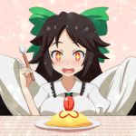  +_+ 1girl :d blush bow breasts brown_hair cape cato_(monocatienus) eyebrows food hair_bow hair_ribbon happy large_bow long_hair medium_breasts omurice open_mouth plate red_eyes reiuji_utsuho ribbon smile solo sparkle spoon table third_eye touhou wings 